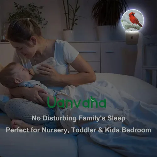 Vista 5 de Luz nocturna cardenal, pájaro rojo del norte en rama de árbol, luz nocturna LED para encendido/apagado automático para pasillo, escalera, cocina