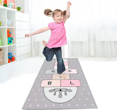 Vista 4 de Hopscotch Mat de 31 x 63 pulgadas, alfombra de juego de salto y cuenta con bonito diseño de estrella, alfombra de juego antideslizante para niños