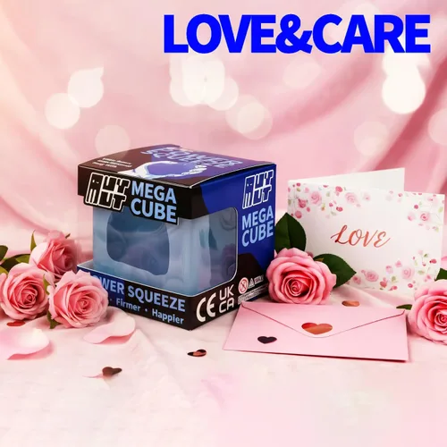 Vista 3 de MEGA Cube Premium - Juguete antiestrés esponjoso de gran tamaño para manos grandes y adultos, gel ultra firme para alivio del estrés y enfoque Azul