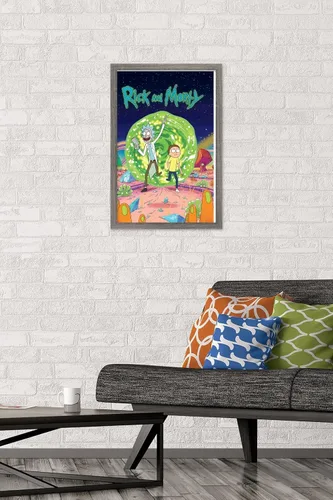 Vista 2 de Trends International Rick And Morty - Póster de pared de cubierta, 14.725 x 22.375 pulgadas, versión enmarcada de madera de granero