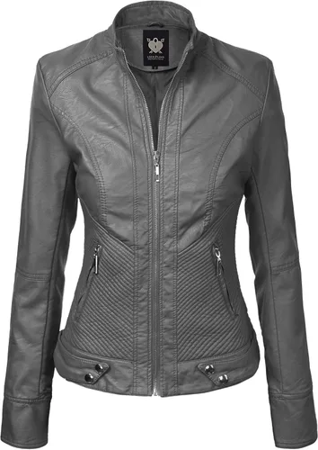 Vista 14 de Lock and Love Chaqueta Abrigo de Moto Motociclista de Piel Sintética para Mujer con Capucha Extraíble o No Extraíble Wjc1044_negro
