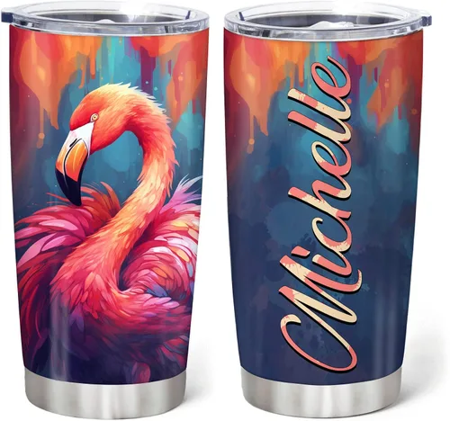 Vista 9 de Hyturtle Regalos personalizados para los amantes de los flamencos, cumpleaños, Navidad, vaso de acero inoxidable con nombre personalizado, 20 onzas