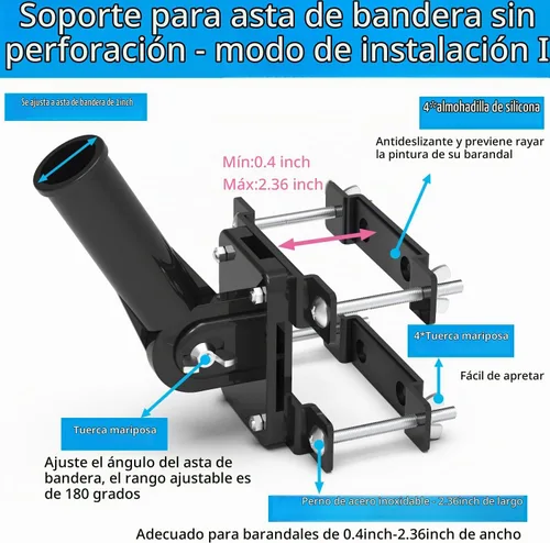 Vista 4 de Soporte para poste de bandera sin taladrar para barandilla, soporte de poste de bandera para porche y riel de cerca, balcón de apartamento Negro