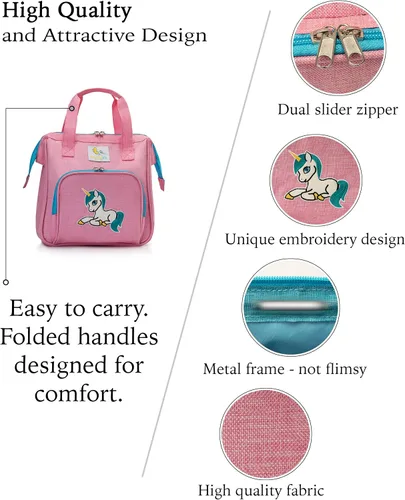 Vista 3 de HappyVk - Bolsa de pañales rosa para muñecas con cambiador de muñecas- Bolso para niñas - Unicornio Realistic, Spacious & Comfortably Designed for