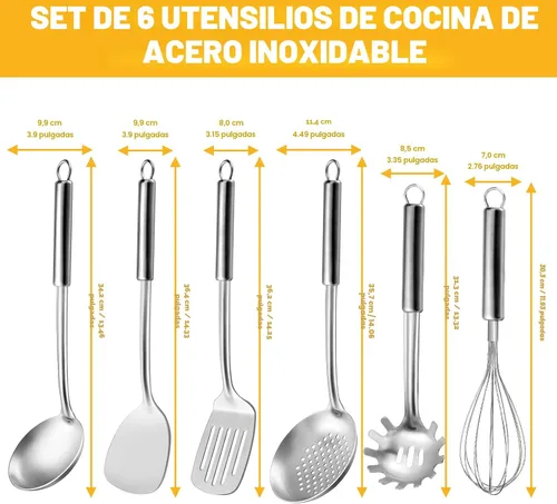 Vista 2 de Juego de 6 piezas de utensilios de cocina de acero inoxidable, utensilios de cocina con mango suspendido, espátula, espumadera, cucharón, cuchara