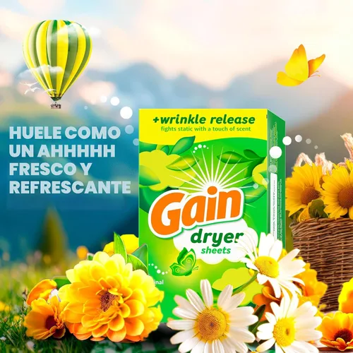 Vista 3 de Gain Hojas de secadora Plus Wrinkle Release, aroma original, 120 unidades, combate la estática con un toque de aroma, sábanas de lavandería