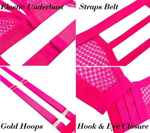 Vista 5 de SINMLIN Conjunto de lencería para mujer, 4 piezas, conjunto de lencería de malla con brasier y bragas