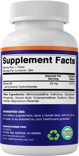 Vista 8 de Vitamatic Vitamina B6 (Piridoxina HCI), 25 mg 250 Comprimidos Vegetarianos