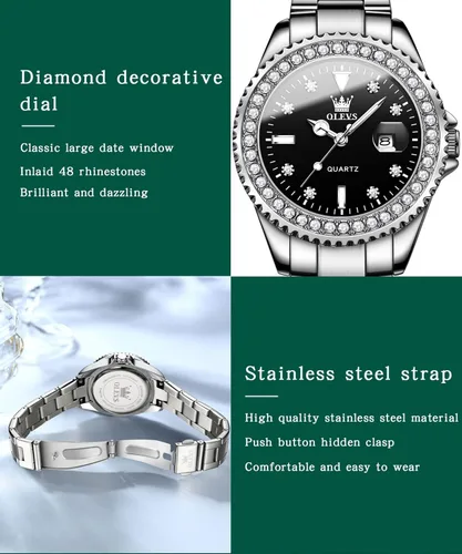 Vista 5 de OLEVS Reloj de pulsera para mujer, elegante, con diamantes, analógico, de cuarzo, de dos tonos, de acero inoxidable, impermeable, luminoso, regalo