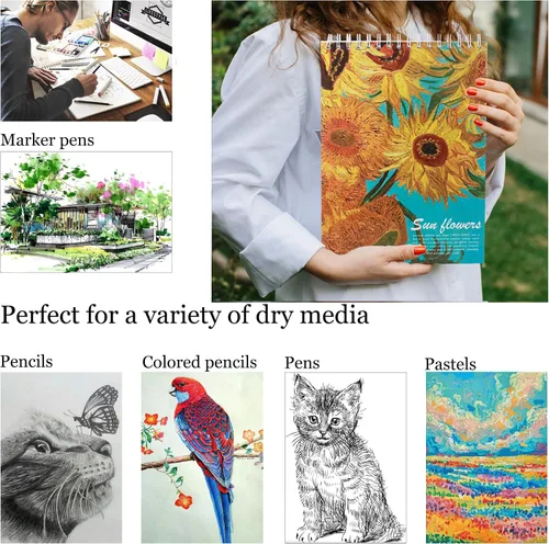 Vista 6 de Paquete de 2 libros estéticos de bocetos en espiral para niños, 98 libras/5.64 oz/m², papel grueso sin ácidos, A4, diario mixto en blanco, cuaderno