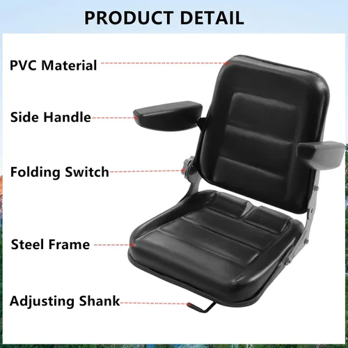 Vista 6 de Gdrasuya10 Asiento universal de tractor, negro, respaldo ajustable (30-180), puntos de masaje, material de PVC, compatible con la mayoría