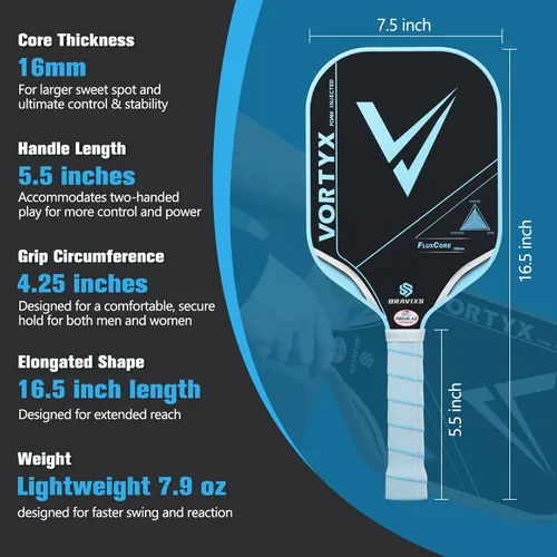 Vista 3 de Vortyx - Paleta de pickleball, Unibody termoformado de última generación, superficie de fricción de fibra de carbono Toray T700, FluxCore de 0.630