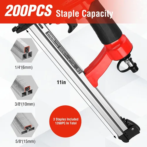Vista 3 de WORKPRO - Pistola de grapas neumática de calibre 20, grapadora T50 sin aceite para tapicería con 1260 piezas de grapas de 1/4" a 5/8", cargador