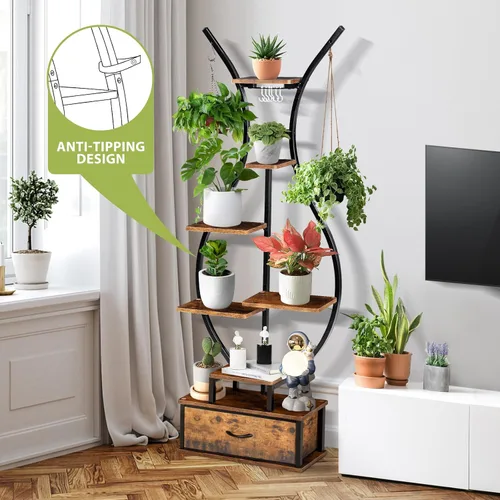 Vista 5 de Soporte para plantas de interior de 7 niveles con ganchos y cajón para colgar, soporte de esquina en forma de jarrón de 68.1 pulgadas de alto