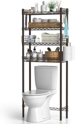 Vista 10 de Hodonas Estante de almacenamiento sobre el inodoro, organizador de baño ajustable con soporte para papel higiénico y 8 ganchos, 3 niveles de metal