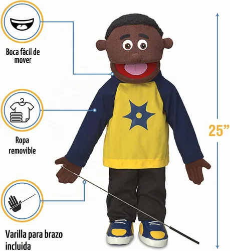Vista 3 de Marioneta estilo jordano, niño negro, cuerpo completo, 25 pulgadas