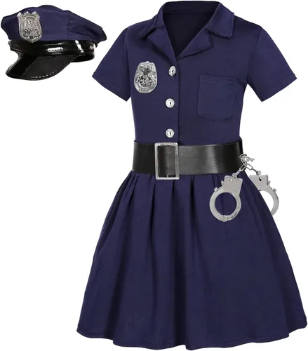 Vista 3 de Police Officer Costume for Kids Girls Dress Up Halloween Costumes Cop Outfit Uniform Role Play Handcuffs Hat Badge