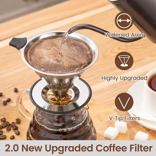 Vista 4 de 【2.0 mejorado】Gotero de café reutilizable de acero inoxidable con base antideslizante y asa, cafetera sin papel (plateado)