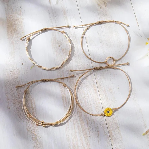Vista 3 de Pulsera de cuerda trenzada hecha a mano con diseño de girasol para adolescentes y mujeres