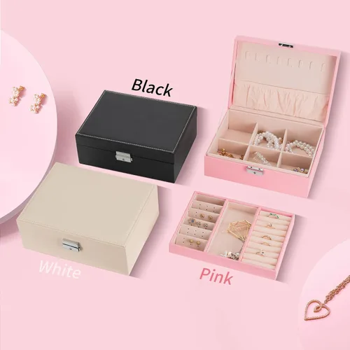 Vista 6 de Smileshe Joyero para mujeres y niñas, organizador de piel sintética con cerradura, 2 capas extraíbles de almacenamiento de viaje para anillos