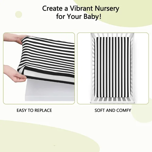 Vista 6 de Sábanas bajeras ajustables para cuna con temática de rayas blancas y negras, mini sábanas portátiles para cuna, material ultra suave, ideal