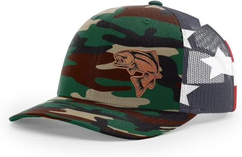 Vista 16 de Sombrero de pesca de salmón con parche de cuero grabado láser Richardson 112 Snapback Trucker Cap