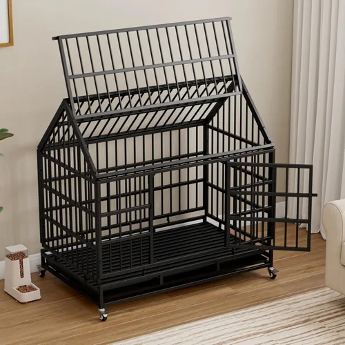 Vista 13 de Jaula plegable indestructible para perros con ruedas, jaula de metal resistente a prueba de escapes de 48 pulgadas para perros grandes y medianos