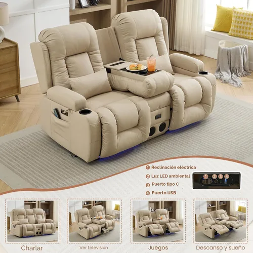 Vista 4 de TUNYI Wall Hugger - Sofá reclinable con consola, sofá biplaza reclinable eléctrico para autocaravana con masaje y Beige