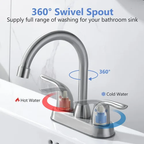Vista 2 de Grifo de lavabo de baño con conjunto de drenaje emergente, grifo central de 4 pulgadas y 2 manijas - Control de temperatura, fácil de instalar