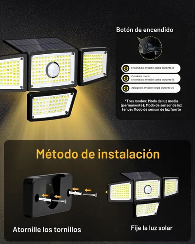 Vista 3 de Lámpara solar con sensor de 4 cabezales, sensor de movimiento para exteriores, 3000 lm, 283 LED, 6500 K, sensor de movimiento, IP65 impermeable
