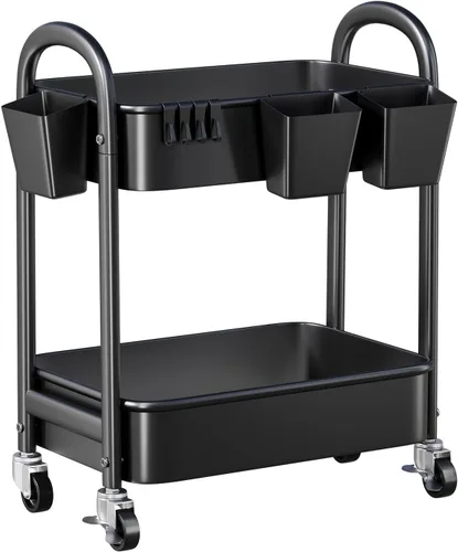 Vista 13 de Carrito rodante de 3 niveles de metal gris, carrito de almacenamiento de malla con asa y ruedas con cerradura, carritos organizadores