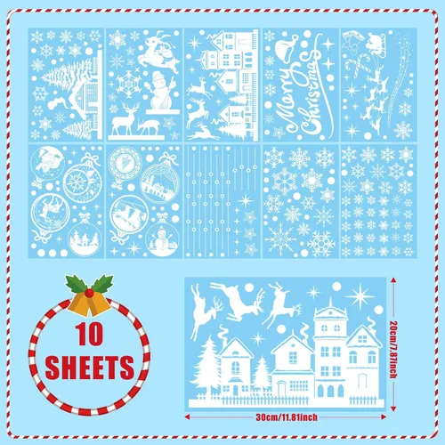 Vista 7 de Enwokran Calcomanías blancas para ventana de Navidad, 10 hojas, 245 unidades, calcomanías reutilizables de doble cara impresas autoadhesivas