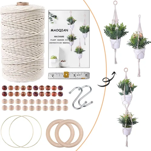Vista 8 de 120 kits de macramé para principiantes de 0.118 pulgadas x 109 yardas, cordón de macramé de algodón natural con cuentas y anillos de madera, palos