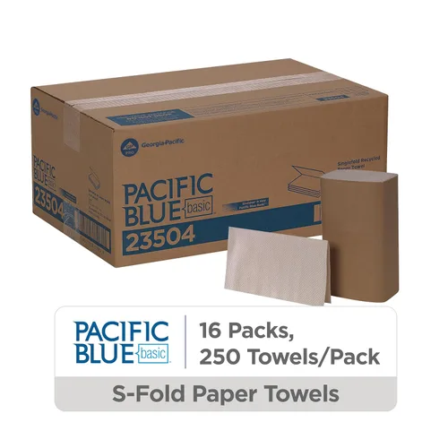 Vista 2 de Toallas de papel recicladas Pacific Blue Basic S-Fold de GP PRO (Georgia-Pacific), marrón, 23504, 250 toallas por paquete, 16 paquetes por caja