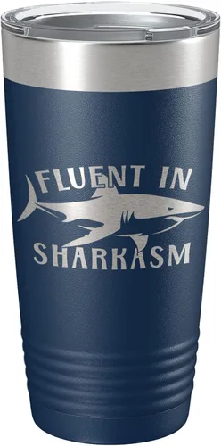 Vista 18 de Fluent in Sharkasm Tumbler Sarcasm Travel Mug Funny Shark Gift Insulated Laser Engraved Coffee Cup 20 oz Black