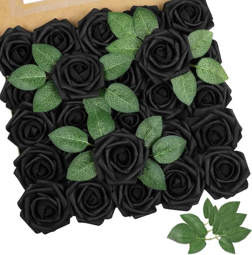 Vista 24 de AmyHomie 25 flores artificiales de aspecto real con tallo de rosa beige