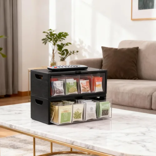 Vista 2 de Organizador apilable de bambú para bolsitas de té, juego de cajas de gran Negro