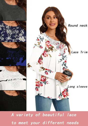 Vista 5 de CATHY Women Tunic Tops Long Sleeve Fall Casual Fashion Crochet Lace T-shirt Pleated Fit Blouses