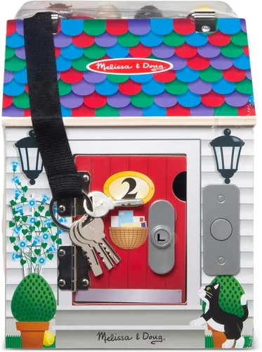 Vista 6 de Melissa & Doug Casa de muñecas de madera con campanilla, para llevar, con sonidos de campanillas, llaves, 4 muñecas de madera que posan