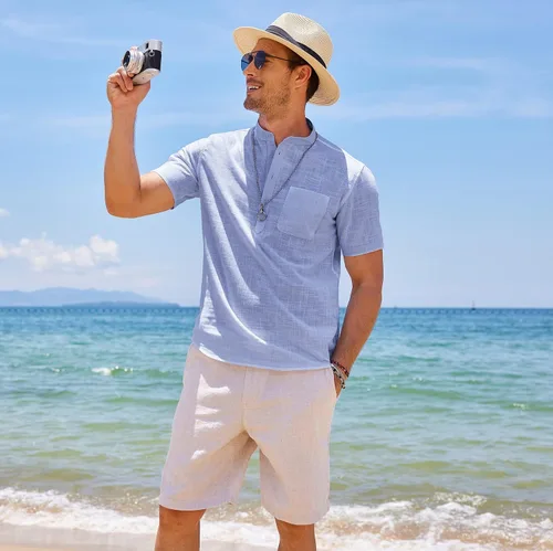 Vista 4 de COOFANDY - Camisetas henley de algodón y lino para hombre, manga larga, con bolsillo, de estilo hippie, informal, para la playa