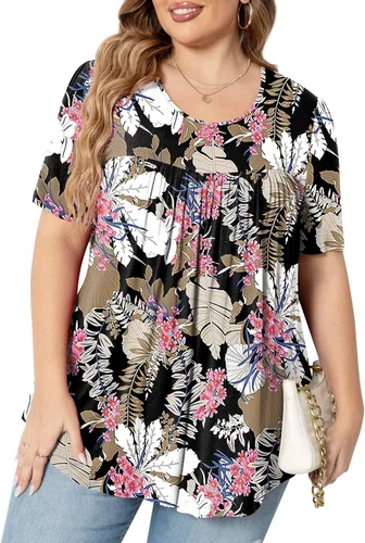 Vista 2 de Anydeer Blusas tipo túnica de talla grande para mujer, estilo casual, cuello redondo, plisadas, acampanadas