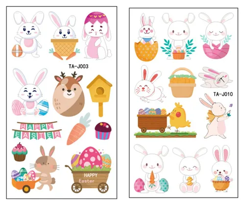 Vista 2 de 10 hojas (110 unidades) Tatuaje temporal de Pascua para niños, calcomanías de tatuaje de huevos de conejo, manos faciales disponibles, decoraciones
