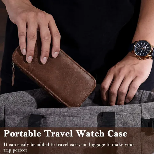 Vista 4 de BEWISHOME Estuche de viaje para relojes, cajas de reloj con 2 ranuras para hombre, organizador de relojes portátil, vitrina de relojes, accesorio