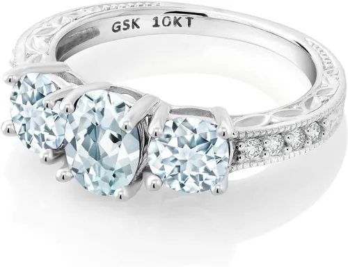 Vista 33 de Gem Stone King Anillo de compromiso de 3 piedras preciosas de oro blanco de 10 quilates con piedra natal y diamantes cultivados en laboratorio