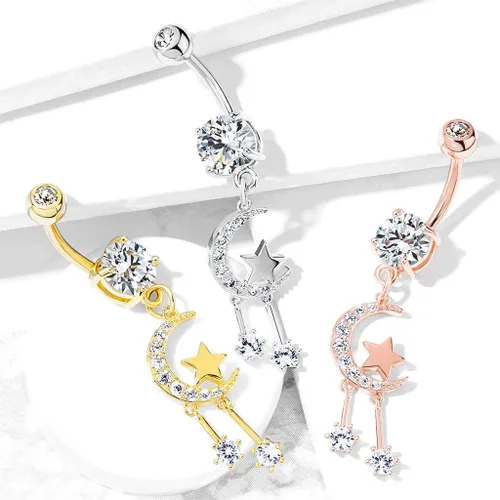 Vista 3 de Pierced Owl - 14GA Stainless Steel Crystal Paved Crescent Moon and Stars Dangling Belly Button Ring