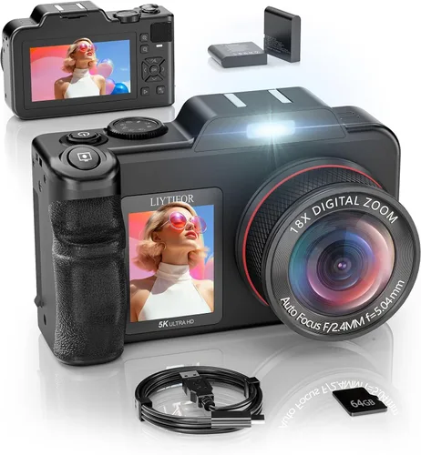 Vista 5 de Cámaras digitales 5K para fotografía: Actualización 2026 80MP 3.5 "+2" Pantalla dual para autoencuadre 18X Zoom Cámara de vlogging de enfoque