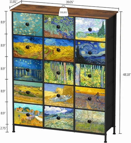 Vista 2 de EXOTICA - Cómoda grande con 15 cajones, cómoda alta de tela Van Gogh para dormitorio, sala de estar, entrada, armario con marco de metal resistente