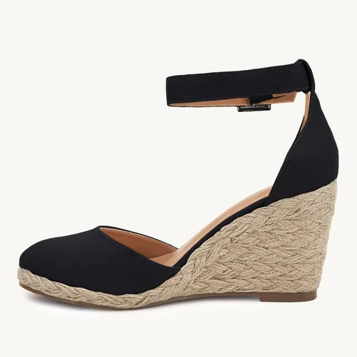 Vista 5 de Alpargatas de punta cerrada para mujer, zapatos de plataforma con tacón y correa de tobillo y hebilla