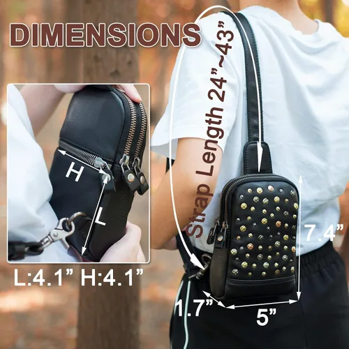 Vista 3 de CENUNCO Bolso bandolera de cuero genuino para mujer, bolso cruzado de cuero pequeño para teléfono, estilo remache, estilo remache, bolso negro