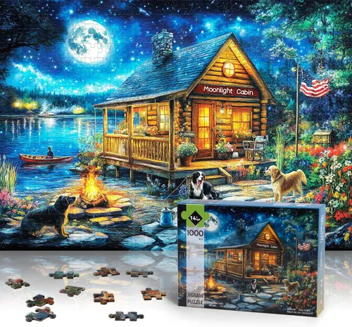 Vista 2 de Rompecabezas para adultos de 1000 piezas, rompecabezas de cabaña de Cabaña junto al lago Moonlight